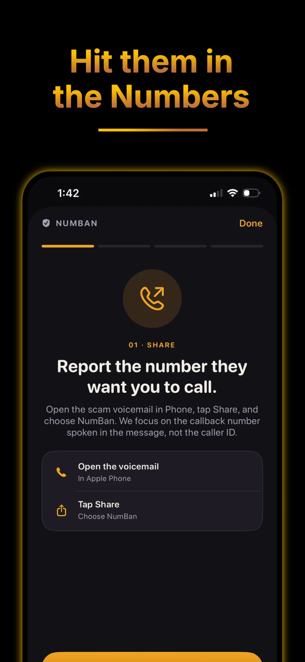 NumBan explaining how to share a scam voicemail from Phone