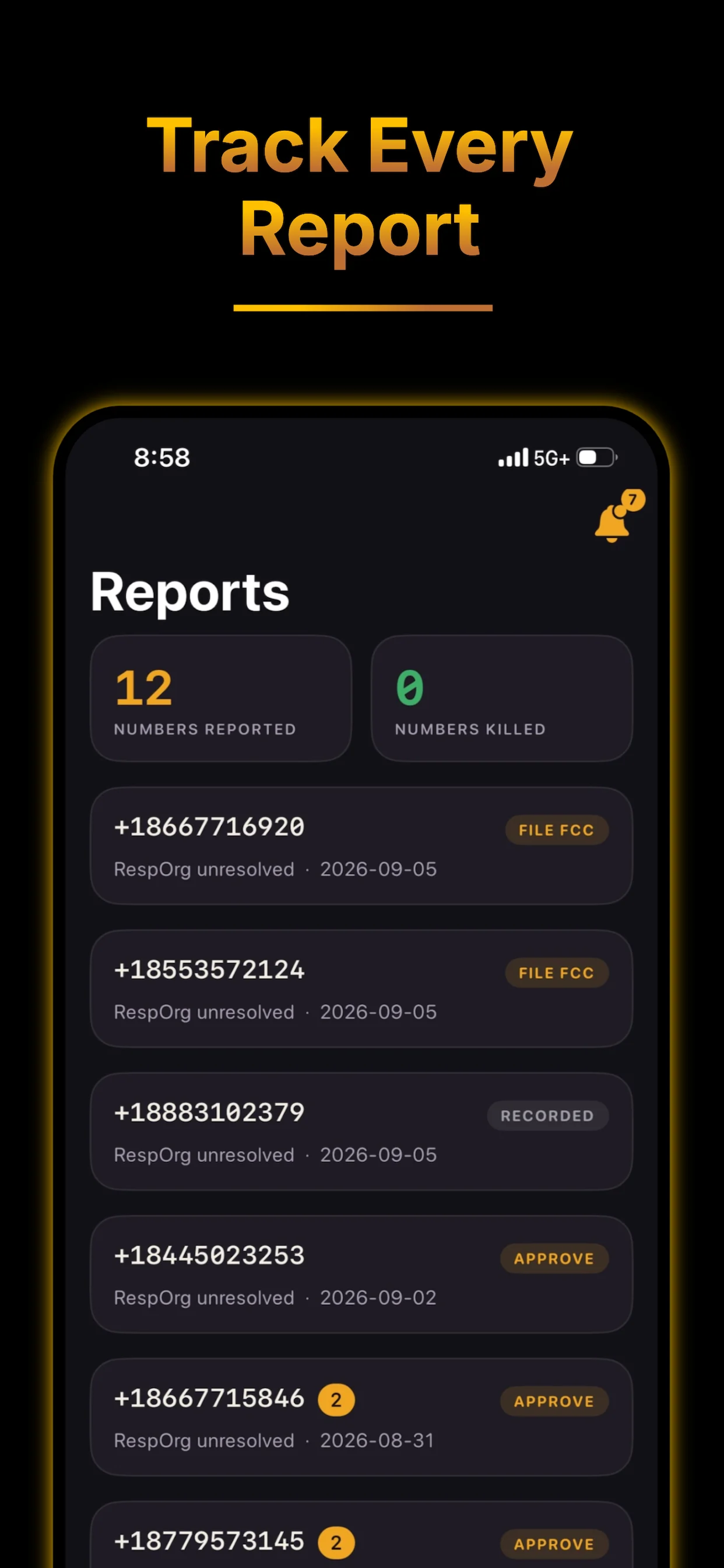 NumBan reports list with callback numbers and filing status